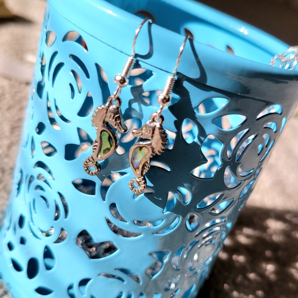 Cute Abalone Seahorse Silver Earrings Seahorse Earrings Silver Dangle Earrings - Picture 7 of 9